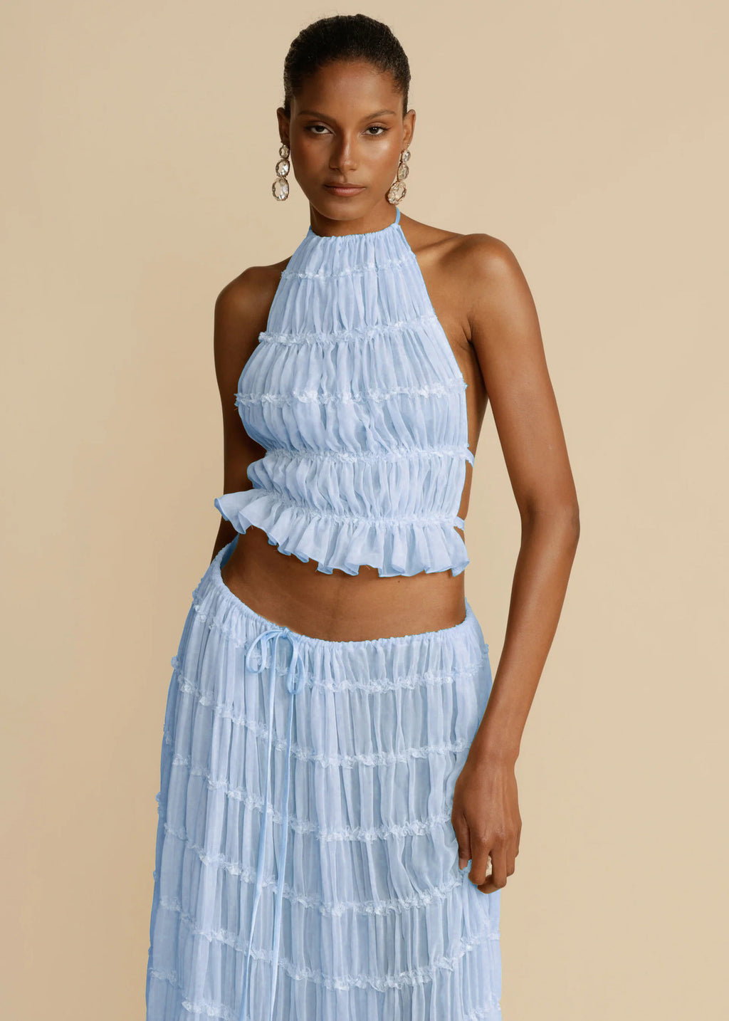 2pcs Women's Dress Suit Sexy Sleeveless Backless Cropped Halter Top And Pleated Long Skirt Beach Clothing