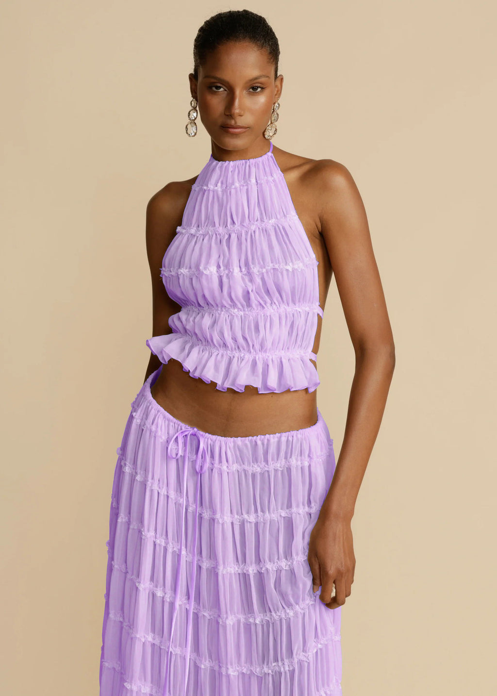 2pcs Women's Dress Suit Sexy Sleeveless Backless Cropped Halter Top And Pleated Long Skirt Beach Clothing